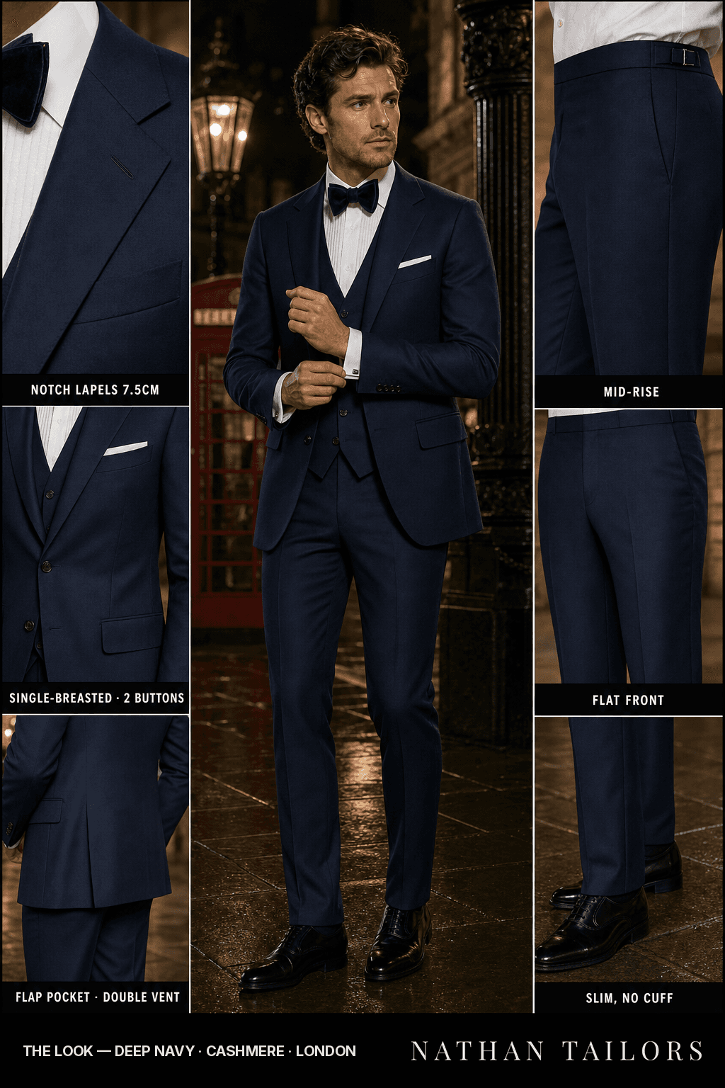 deep navy single-breasted bespoke suit — custom tailored by Nathan Tailors, the Hoi An custom tailor