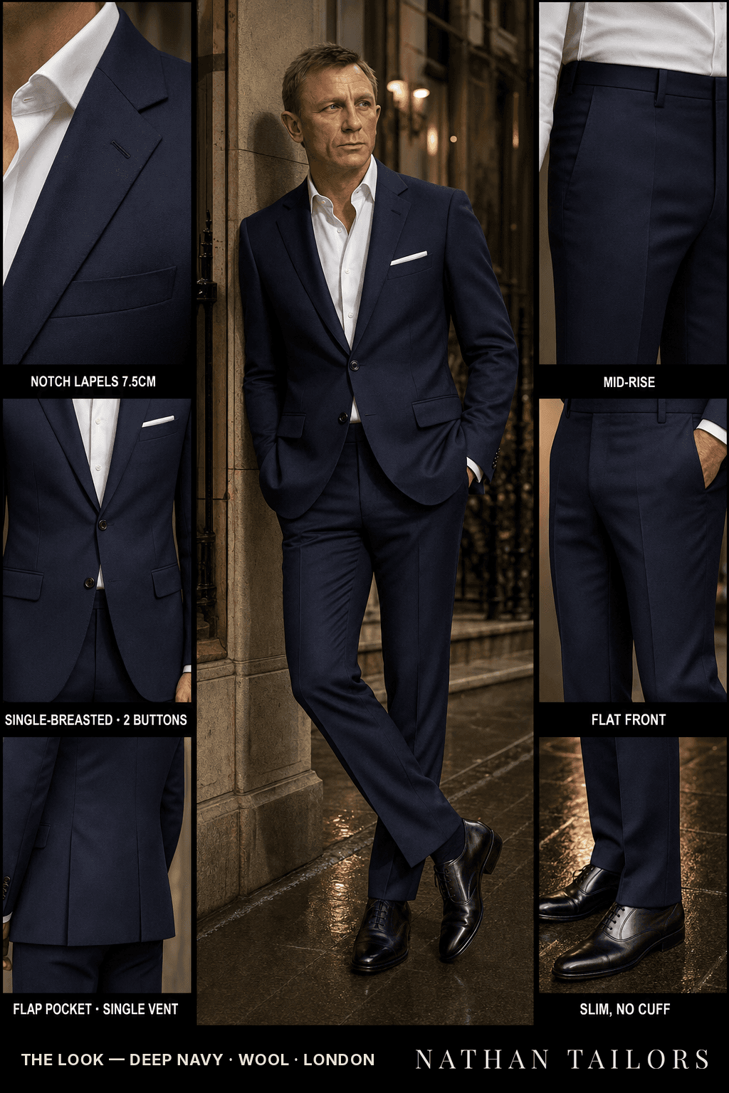 deep navy single-breasted bespoke suit — custom tailored by Nathan Tailors, the Hoi An custom tailor