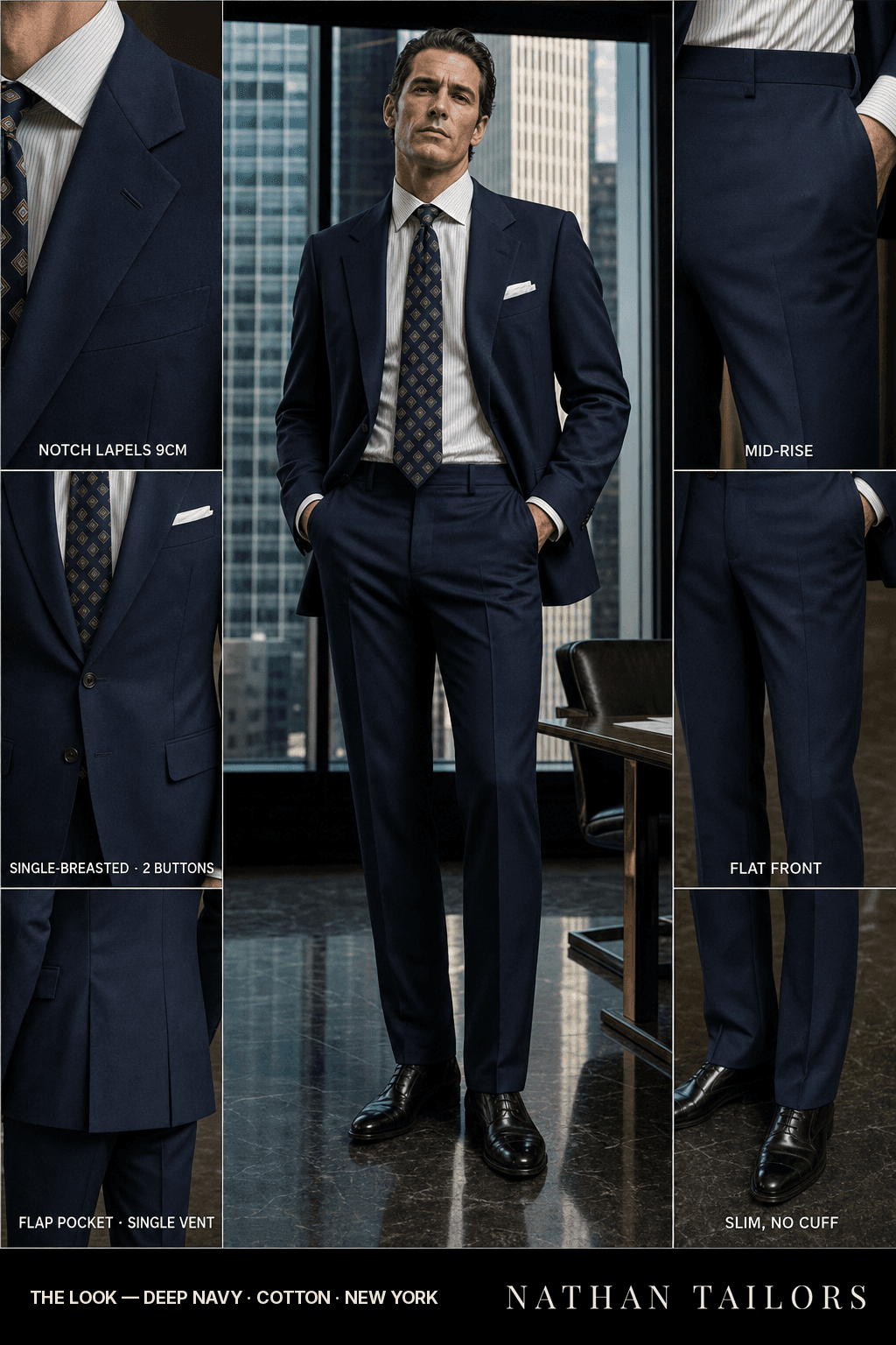 deep navy single-breasted bespoke suit — custom tailored by Nathan Tailors, the Hoi An custom tailor