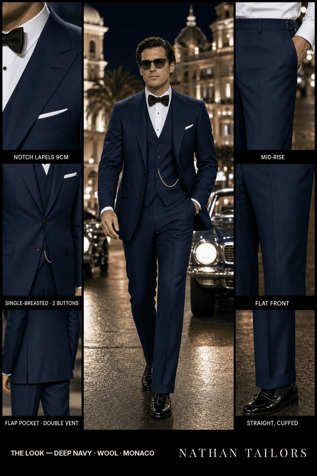 deep navy single-breasted bespoke suit — custom tailored by Nathan Tailors, the Hoi An custom tailor