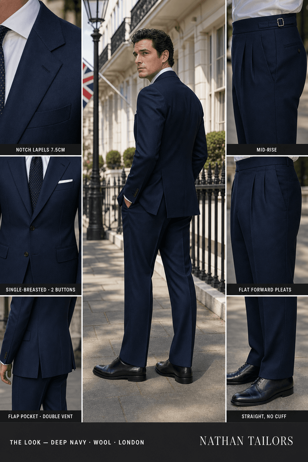 deep navy single-breasted bespoke suit — custom tailored by Nathan Tailors, the Hoi An custom tailor
