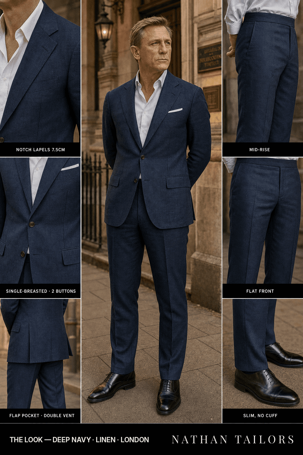deep navy single-breasted bespoke suit — custom tailored by Nathan Tailors, the Hoi An custom tailor