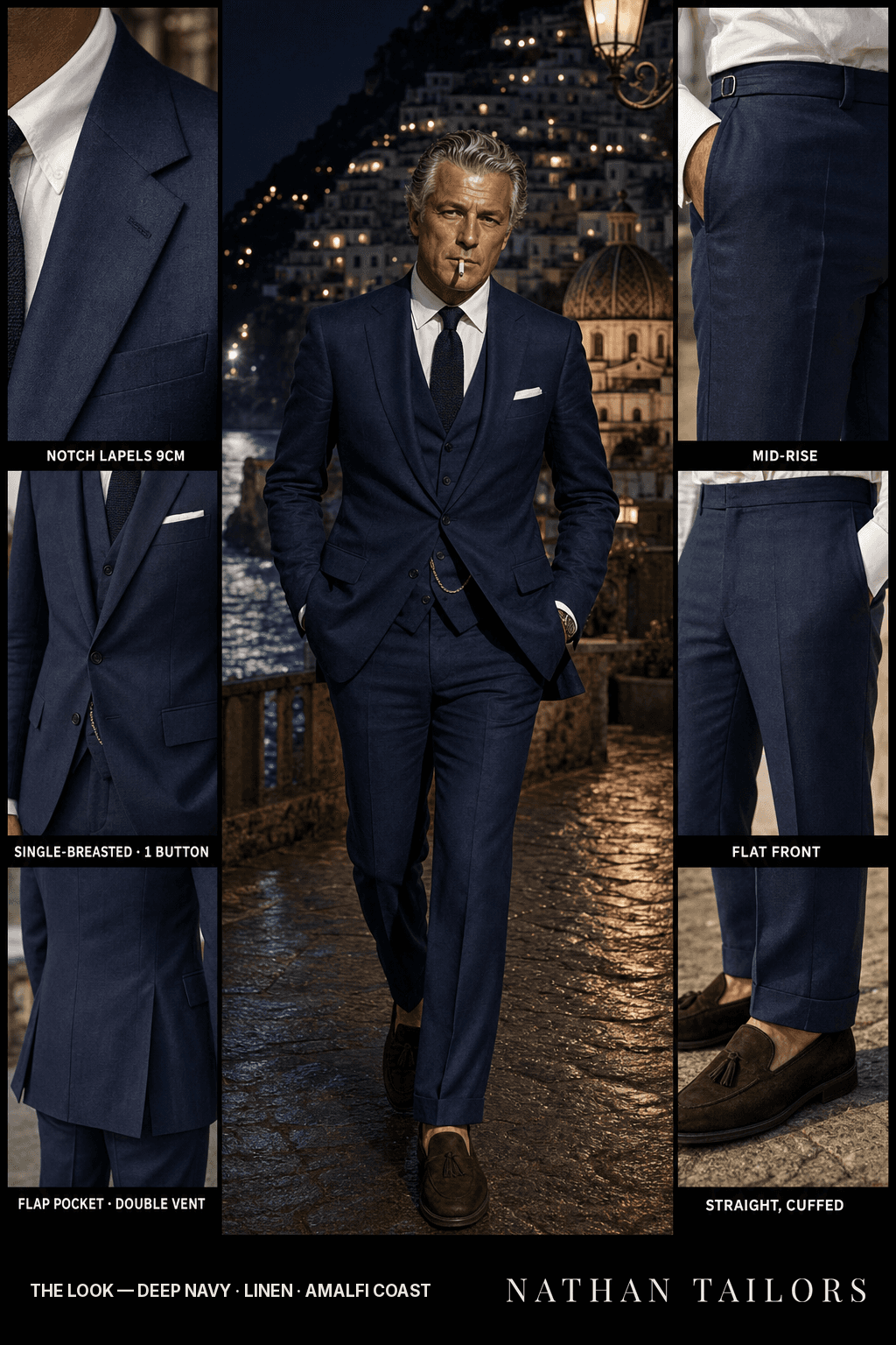 deep navy single-breasted bespoke suit — custom tailored by Nathan Tailors, the Hoi An custom tailor