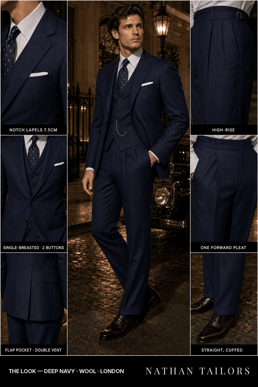 deep navy single-breasted bespoke suit — custom tailored by Nathan Tailors, the Hoi An custom tailor