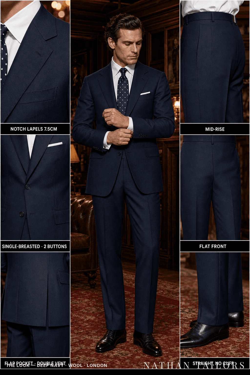 deep navy single-breasted bespoke suit — custom tailored by Nathan Tailors, the Hoi An custom tailor