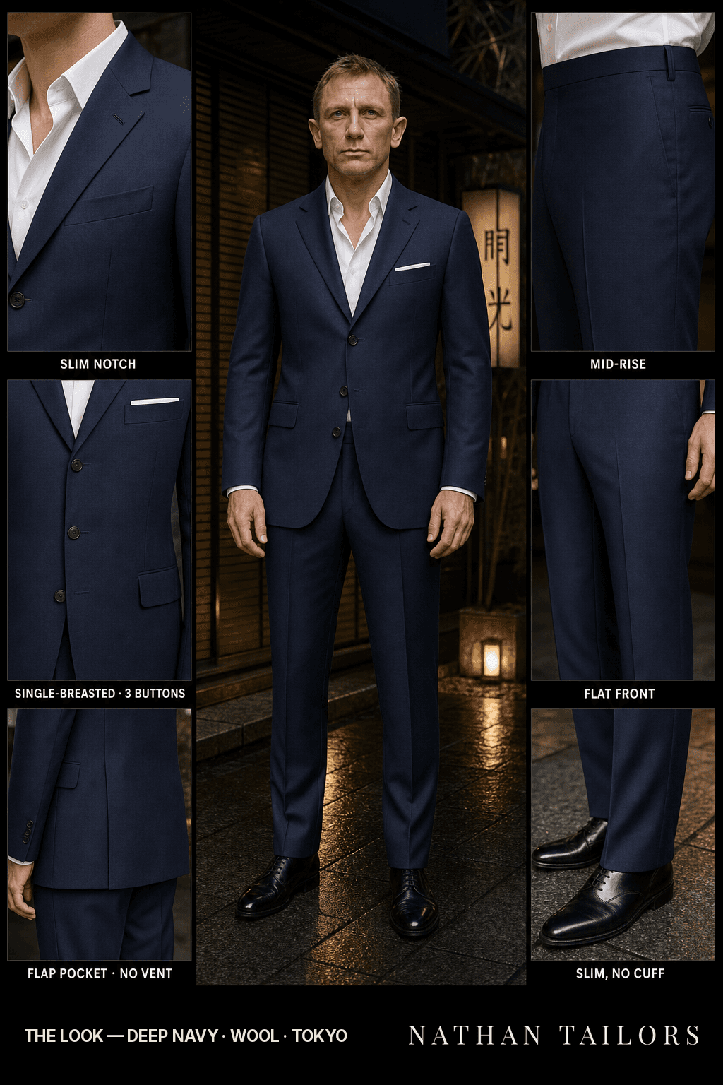 deep navy single-breasted notch-lapel bespoke suit — AI-rendered by Nathan Tailors, the Hoi An custom tailor. Available as a custom tailored suit from $149.