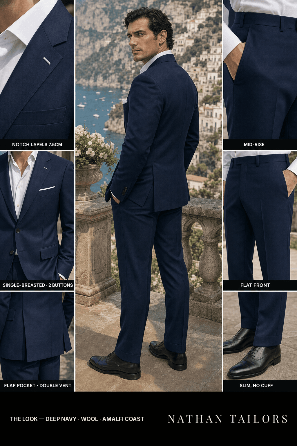 deep navy single-breasted bespoke suit — custom tailored by Nathan Tailors, the Hoi An custom tailor