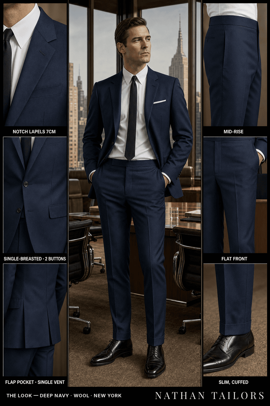 deep navy single-breasted bespoke suit — custom tailored by Nathan Tailors, the Hoi An custom tailor