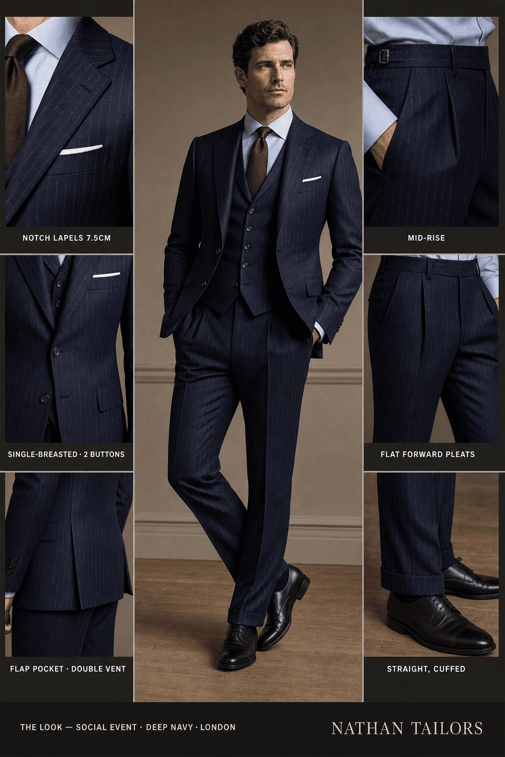 deep navy single-breasted notch-lapel bespoke suit — AI-rendered by Nathan Tailors, the Hoi An custom tailor. Available as a custom tailored suit from $129.