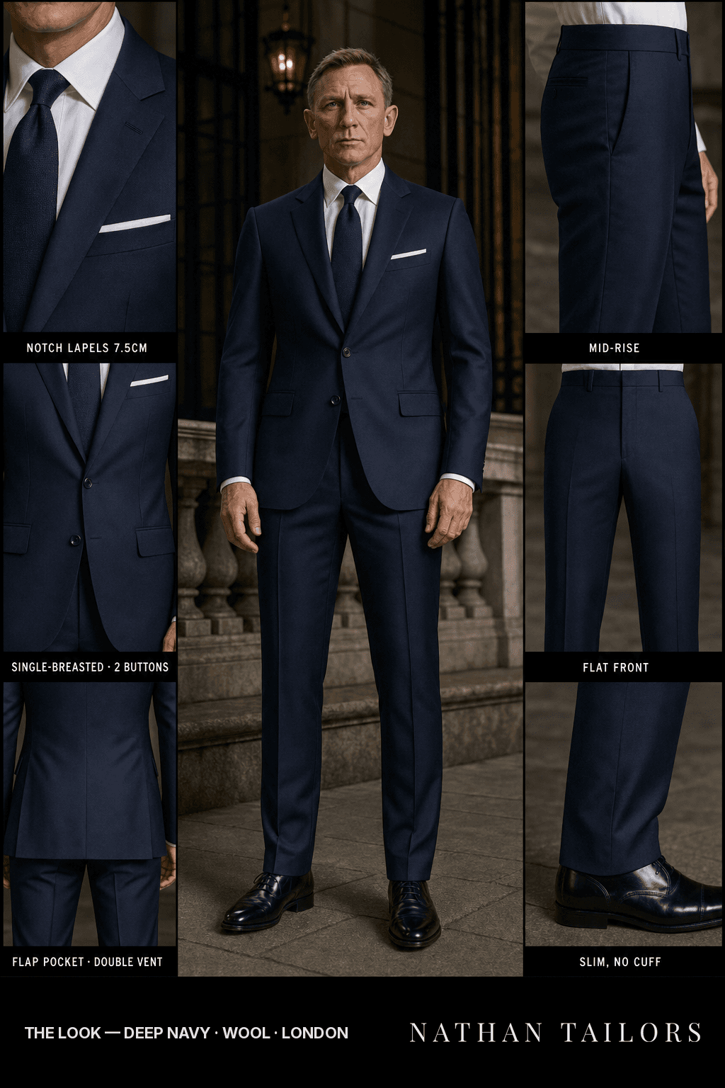 deep navy single-breasted notch-lapel bespoke suit — AI-rendered by Nathan Tailors, the Hoi An custom tailor. Available as a custom tailored suit from $149.