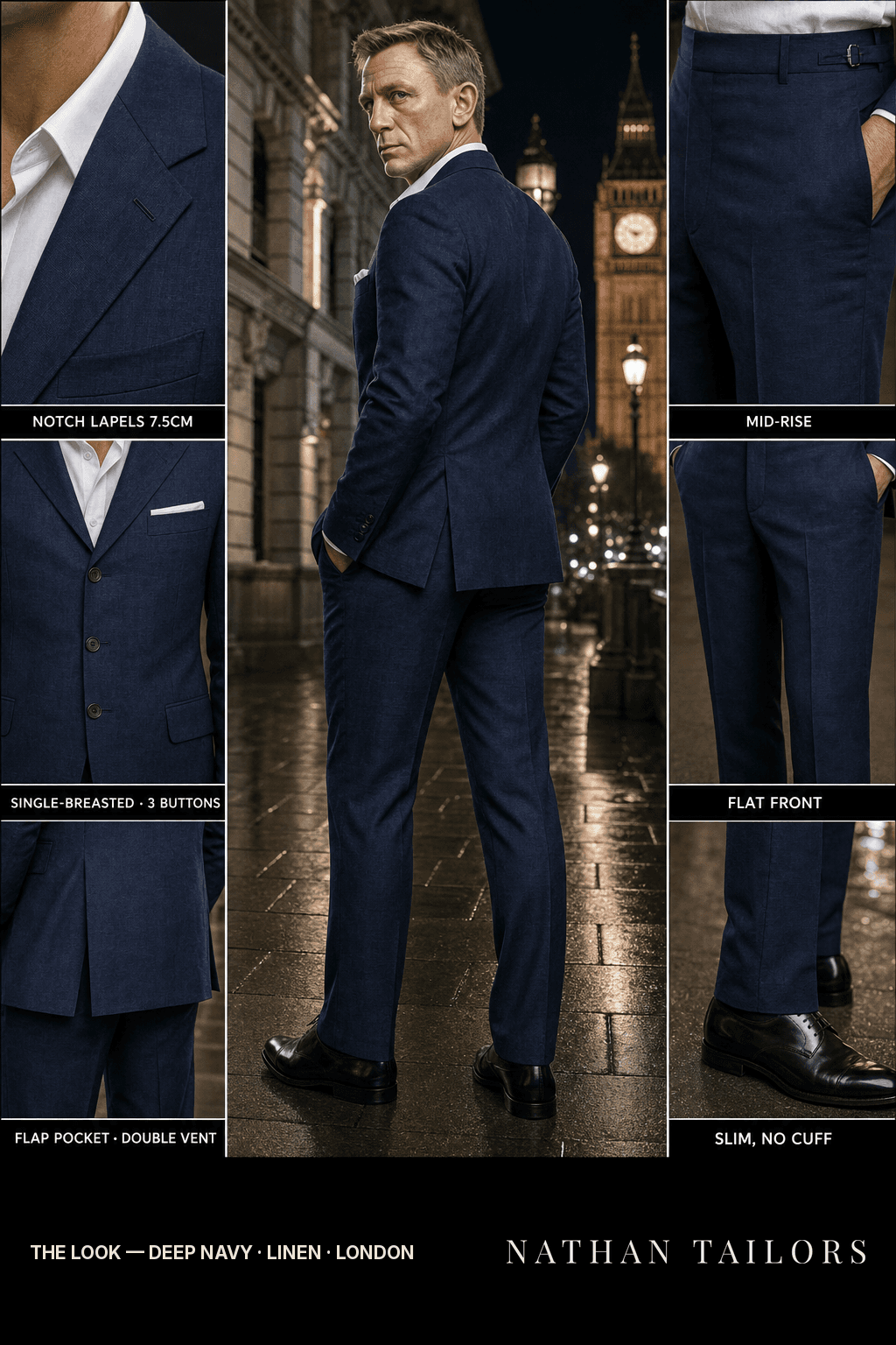 deep navy single-breasted bespoke suit — custom tailored by Nathan Tailors, the Hoi An custom tailor