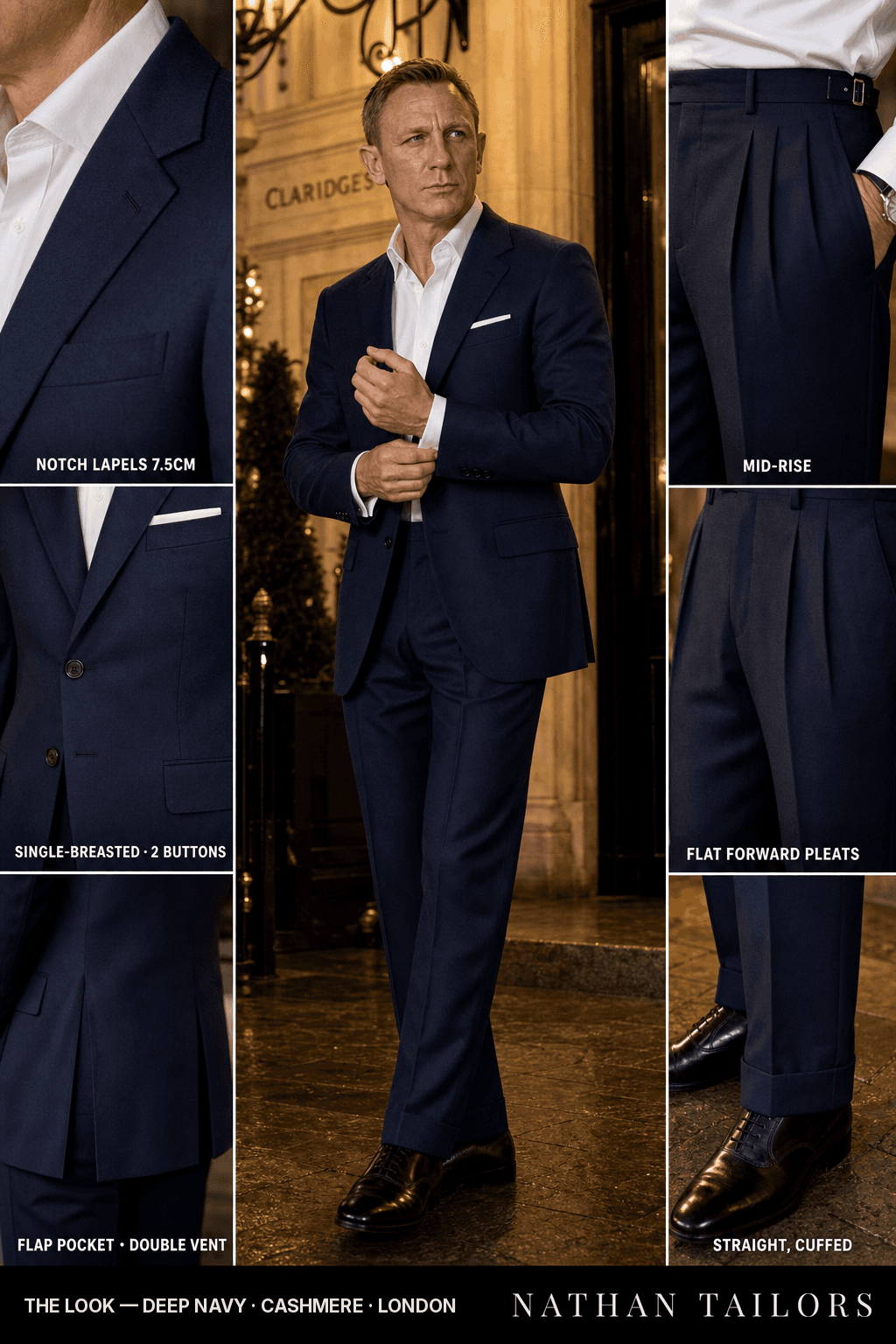 deep navy single-breasted notch-lapel bespoke suit — AI-rendered by Nathan Tailors, the Hoi An custom tailor. Available as a custom tailored suit from $149.