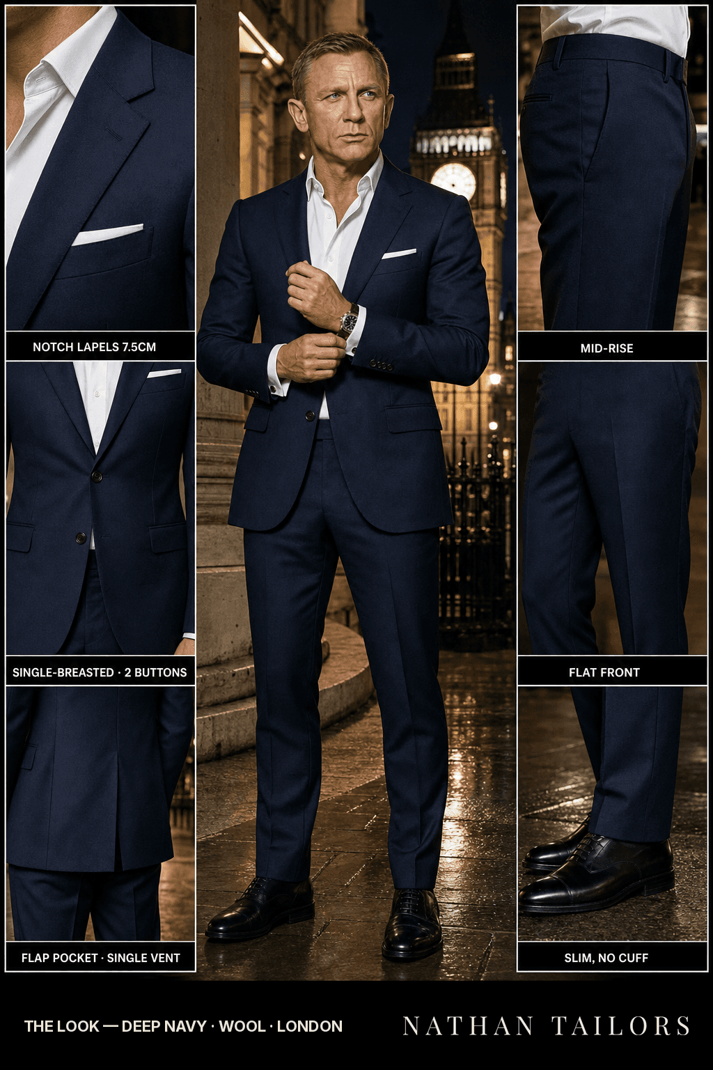 deep navy single-breasted bespoke suit — custom tailored by Nathan Tailors, the Hoi An custom tailor