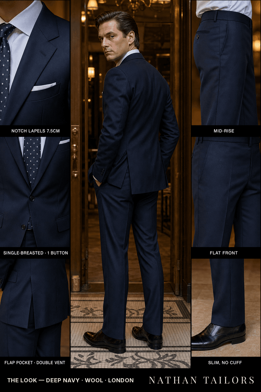 deep navy single-breasted notch-lapel bespoke suit — AI-rendered by Nathan Tailors, the Hoi An custom tailor. Available as a custom tailored suit from $149.