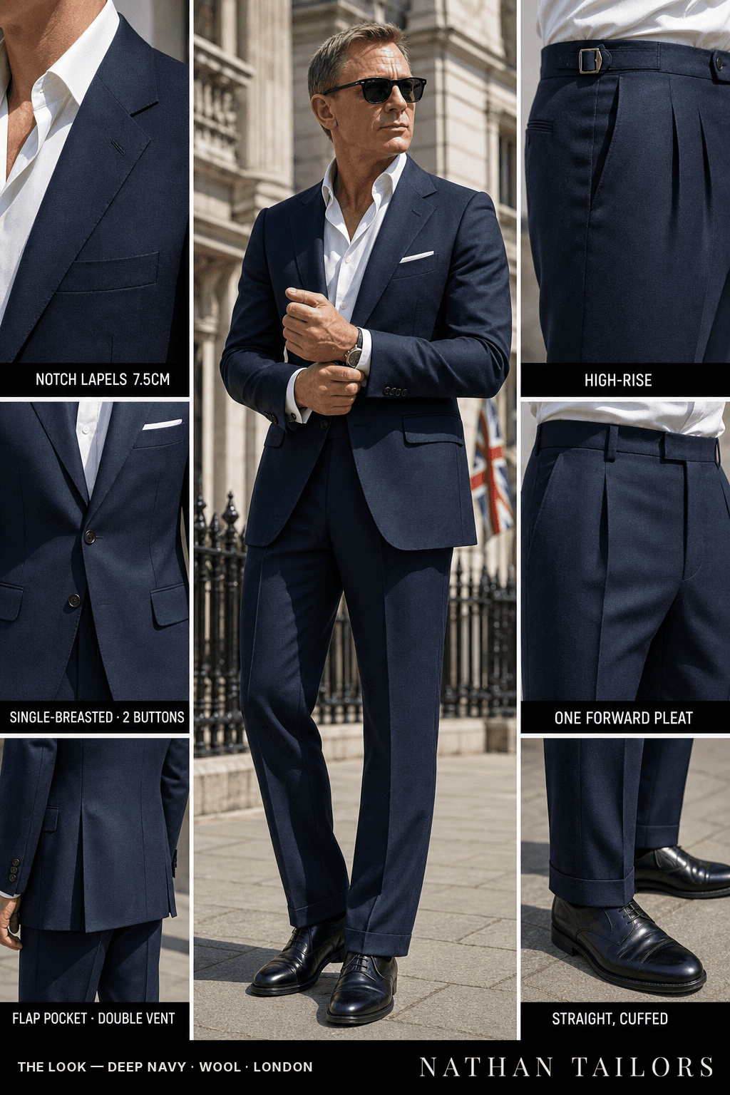 deep navy single-breasted bespoke suit — custom tailored by Nathan Tailors, the Hoi An custom tailor