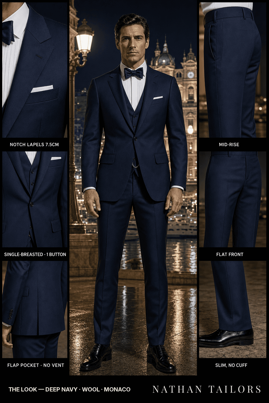 deep navy single-breasted notch-lapel bespoke suit — AI-rendered by Nathan Tailors, the Hoi An custom tailor. Available as a custom tailored suit from $149.