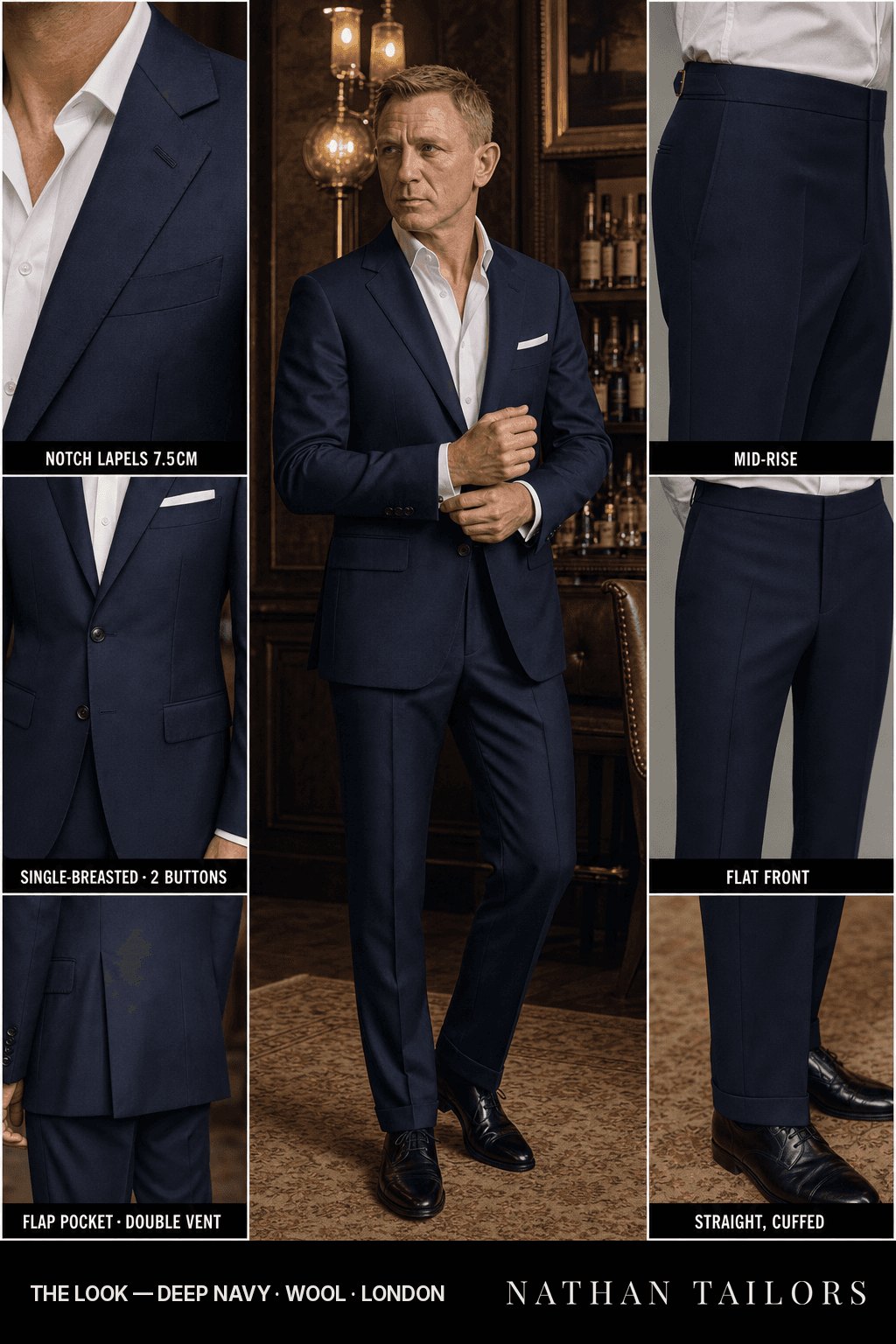 deep navy single-breasted bespoke suit — custom tailored by Nathan Tailors, the Hoi An custom tailor