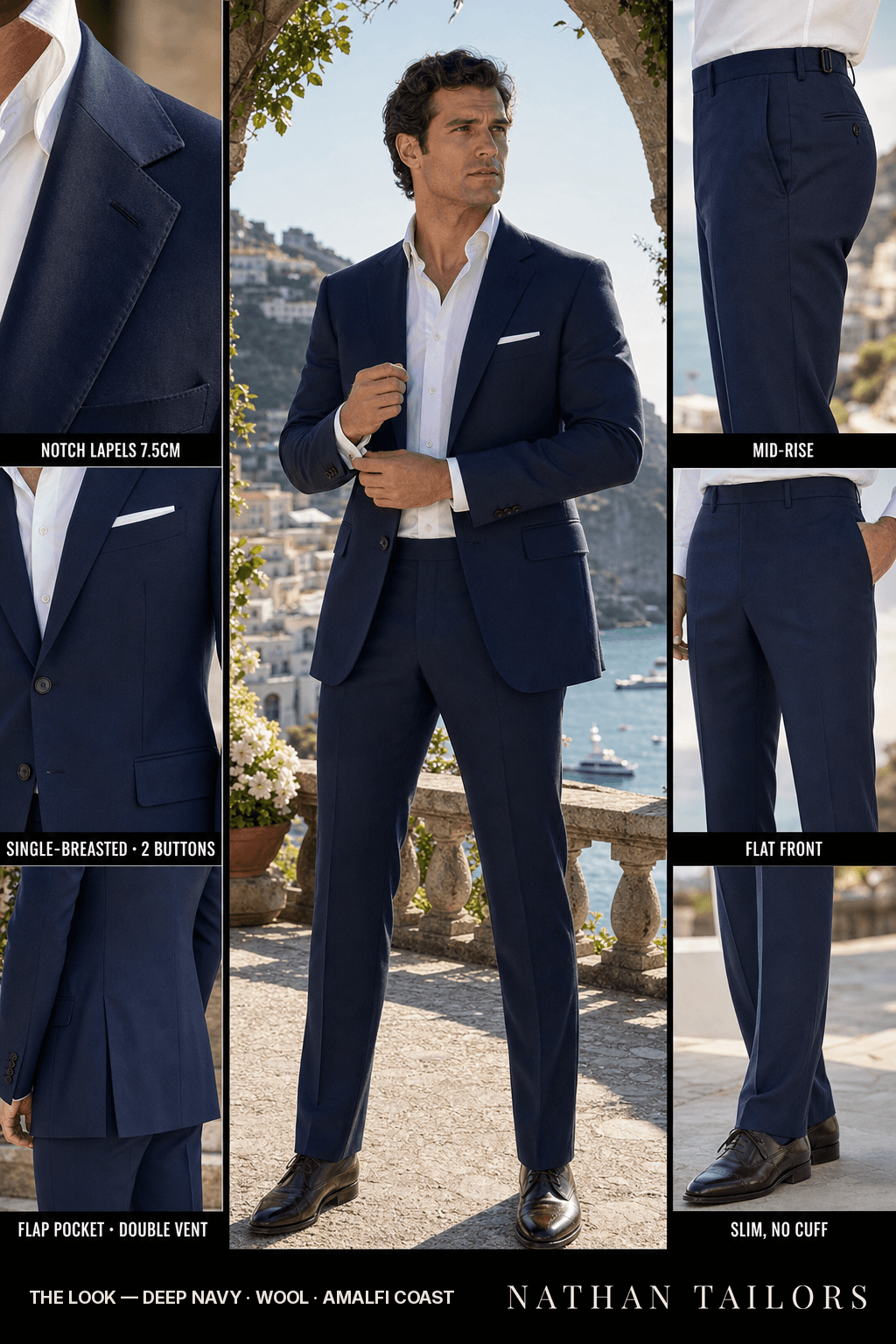 deep navy single-breasted notch-lapel bespoke suit — AI-rendered by Nathan Tailors, the Hoi An custom tailor. Available as a custom tailored suit from $149.