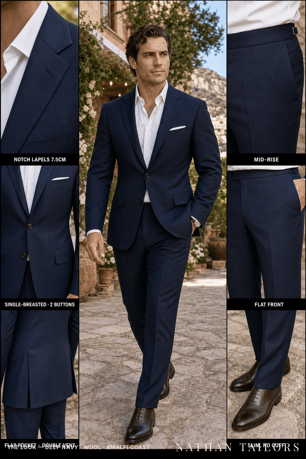 deep navy single-breasted notch-lapel bespoke suit — AI-rendered by Nathan Tailors, the Hoi An custom tailor. Available as a custom tailored suit from $149.