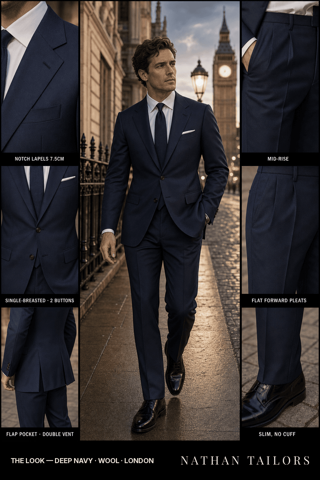 deep navy single-breasted bespoke suit — custom tailored by Nathan Tailors, the Hoi An custom tailor