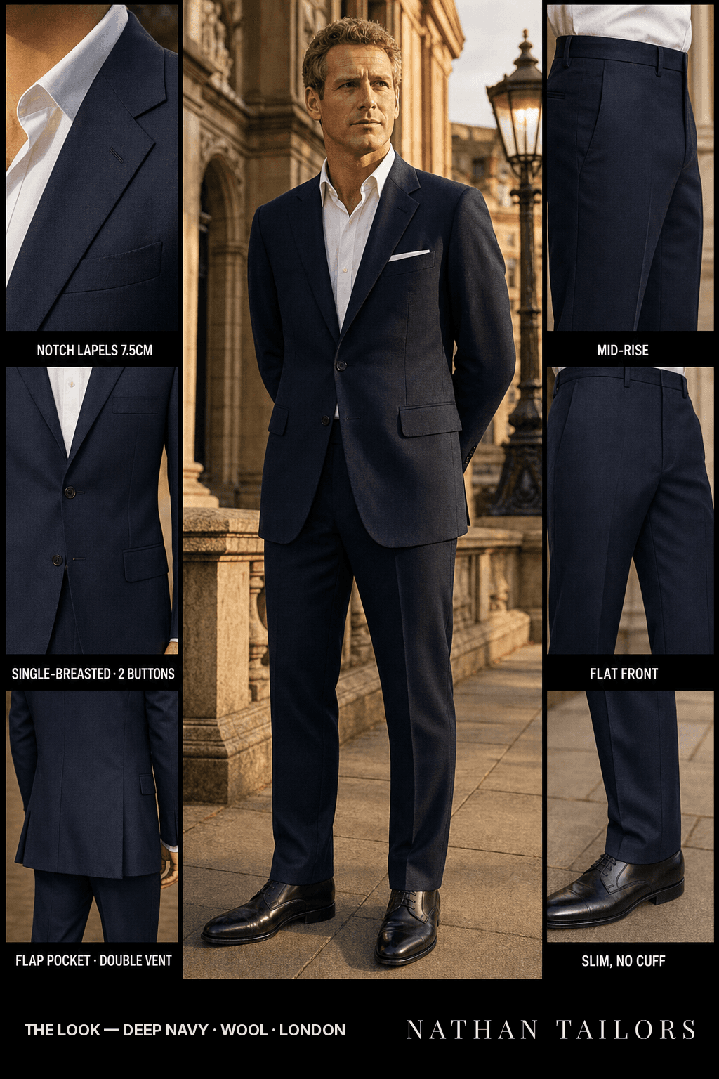 deep navy single-breasted notch-lapel bespoke suit — AI-rendered by Nathan Tailors, the Hoi An custom tailor. Available as a custom tailored suit from $149.