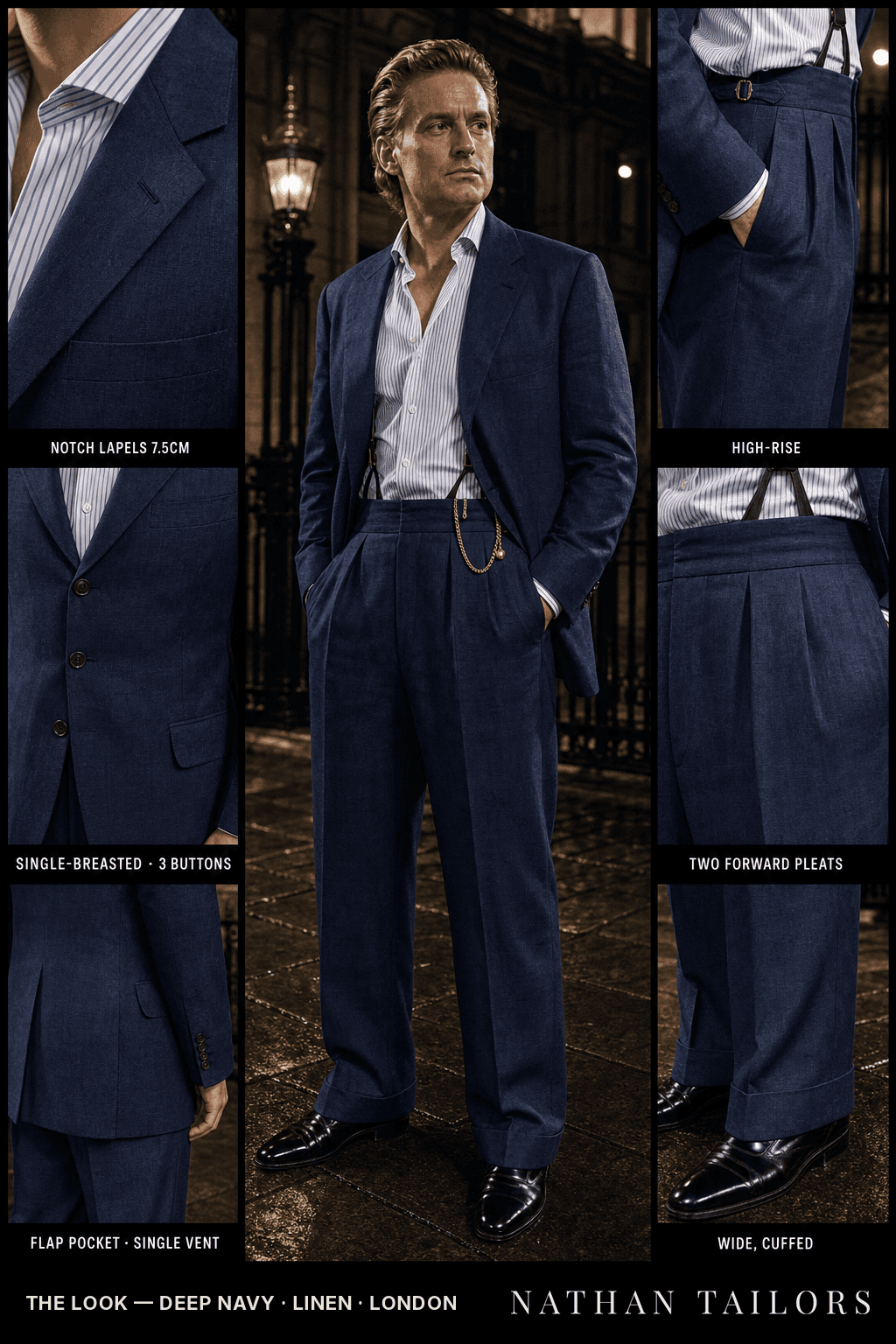 deep navy single-breasted bespoke suit — custom tailored by Nathan Tailors, the Hoi An custom tailor
