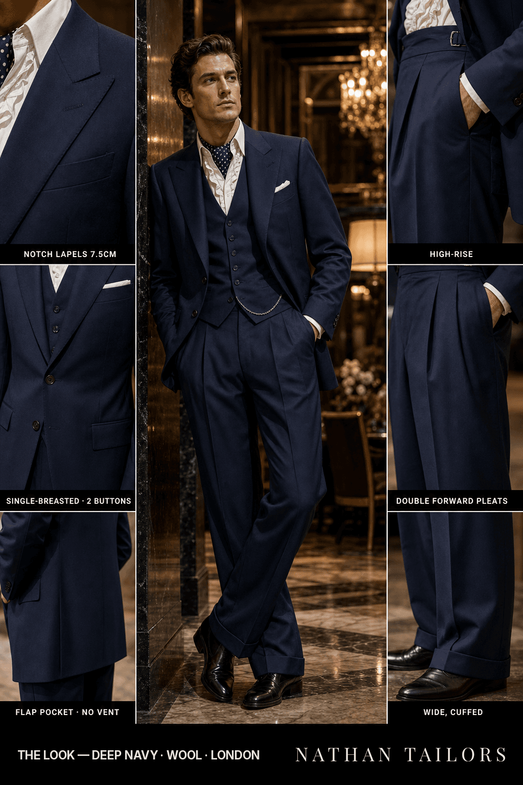 deep navy single-breasted bespoke suit — custom tailored by Nathan Tailors, the Hoi An custom tailor