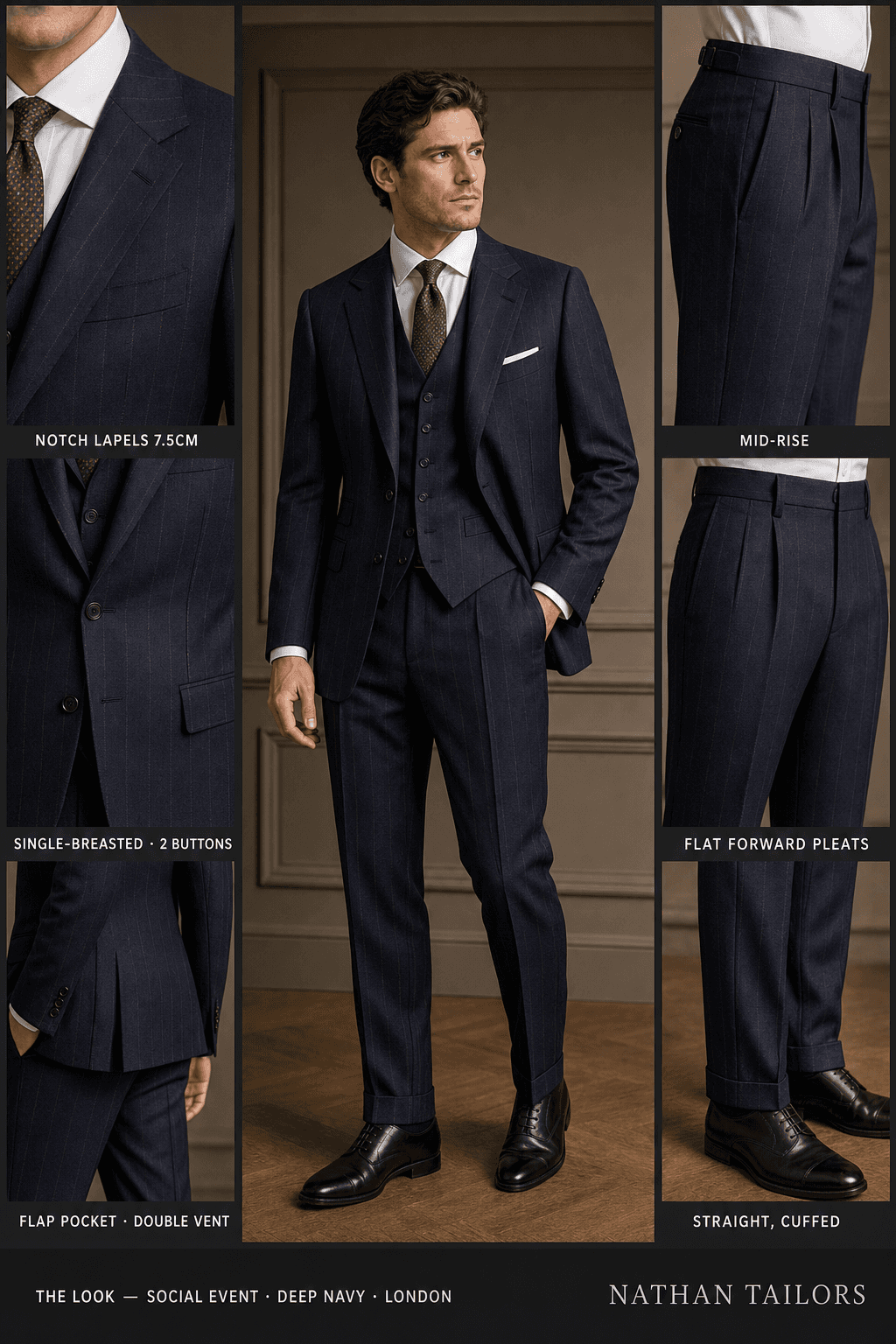 deep navy single-breasted bespoke suit — custom tailored by Nathan Tailors, the Hoi An custom tailor