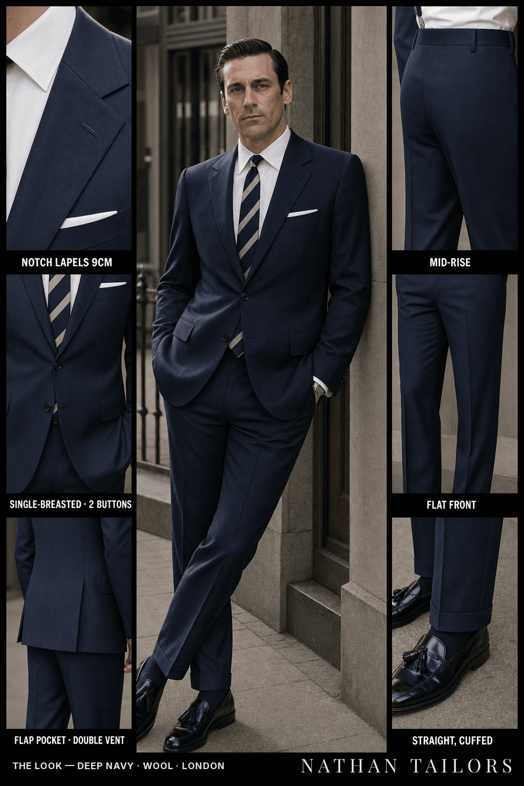 deep navy single-breasted bespoke suit — custom tailored by Nathan Tailors, the Hoi An custom tailor