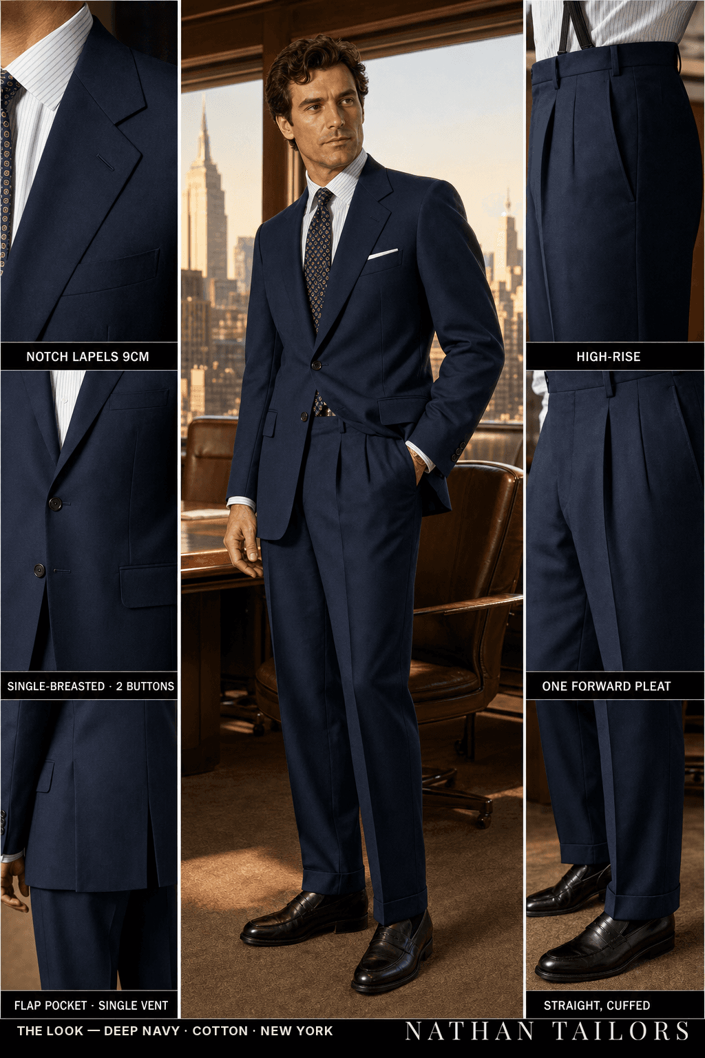 deep navy single-breasted bespoke suit — custom tailored by Nathan Tailors, the Hoi An custom tailor