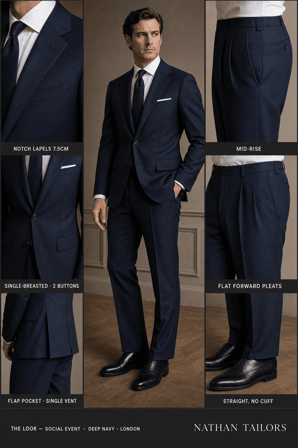 deep navy single-breasted notch-lapel bespoke suit — AI-rendered by Nathan Tailors, the Hoi An custom tailor. Available as a custom tailored suit from $129.