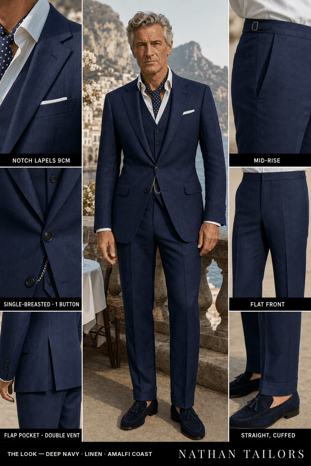 deep navy single-breasted bespoke suit — custom tailored by Nathan Tailors, the Hoi An custom tailor