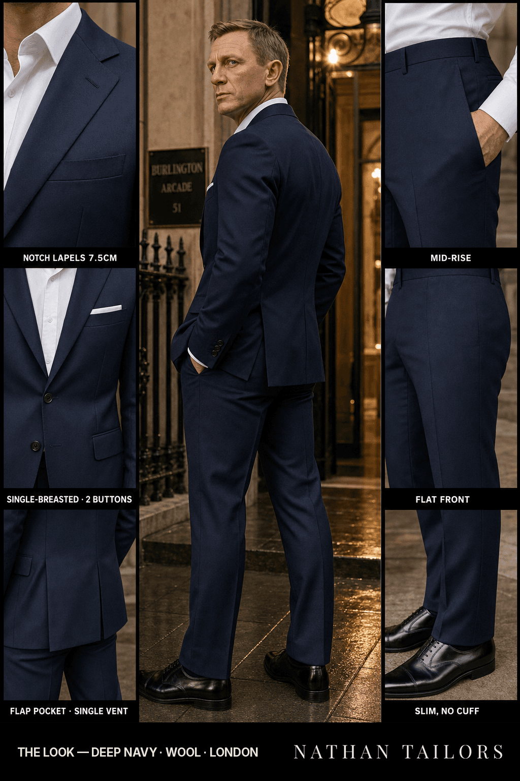 deep navy single-breasted bespoke suit — custom tailored by Nathan Tailors, the Hoi An custom tailor