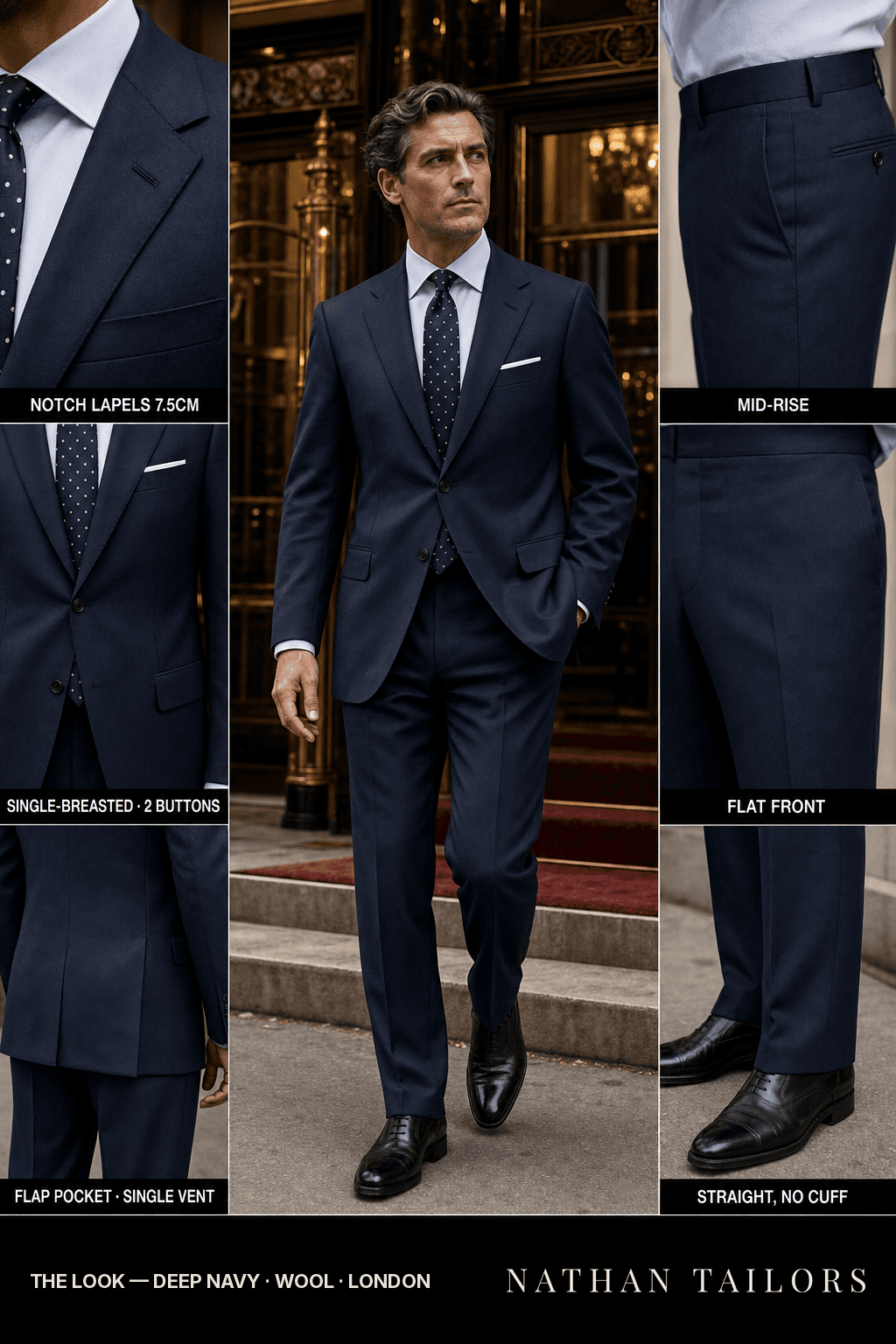 deep navy single-breasted bespoke suit — custom tailored by Nathan Tailors, the Hoi An custom tailor