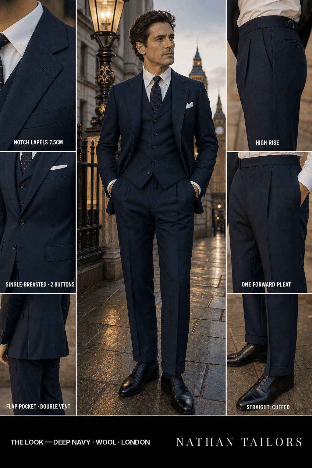 deep navy single-breasted bespoke suit — custom tailored by Nathan Tailors, the Hoi An custom tailor
