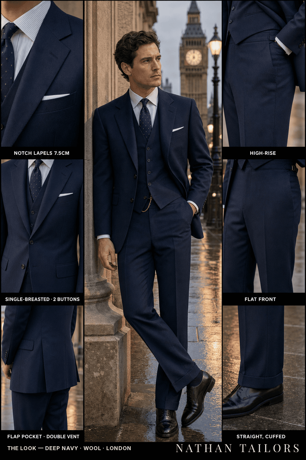 deep navy single-breasted bespoke suit — custom tailored by Nathan Tailors, the Hoi An custom tailor