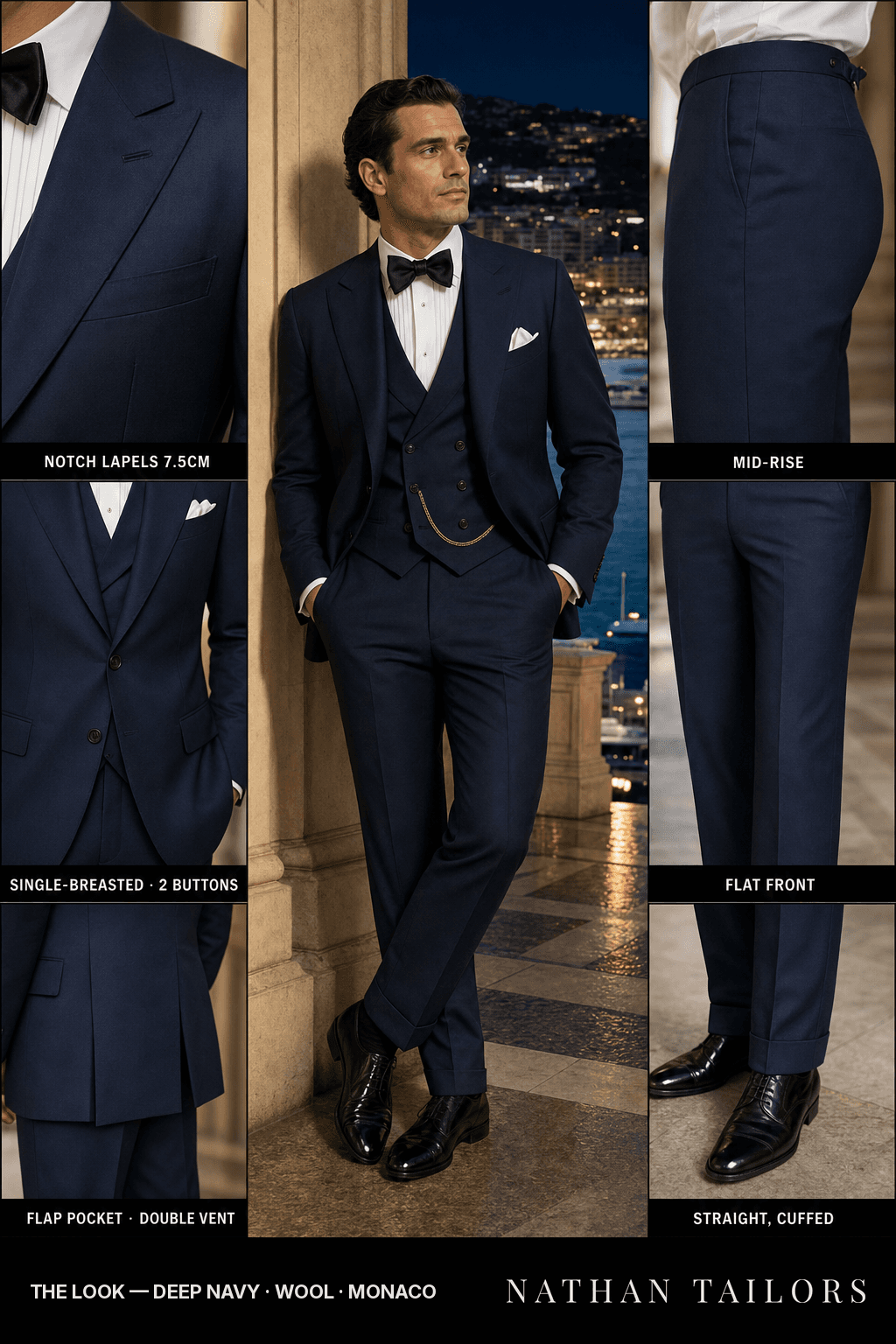 deep navy single-breasted bespoke suit — custom tailored by Nathan Tailors, the Hoi An custom tailor