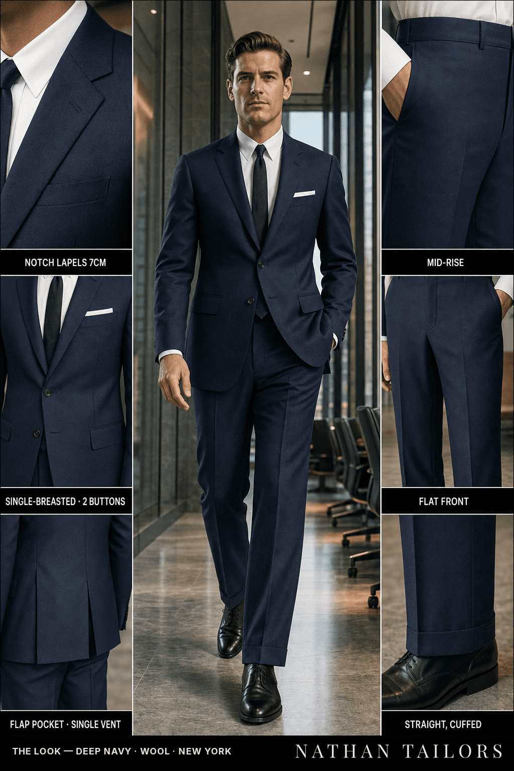 deep navy single-breasted bespoke suit — custom tailored by Nathan Tailors, the Hoi An custom tailor