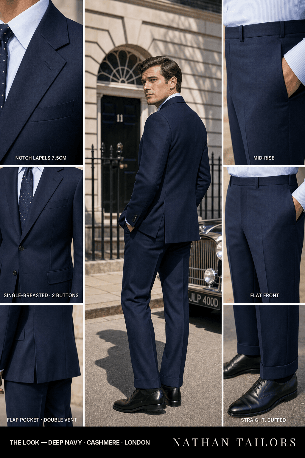 deep navy single-breasted bespoke suit — custom tailored by Nathan Tailors, the Hoi An custom tailor