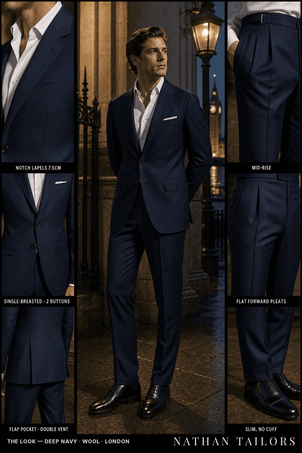 deep navy single-breasted notch-lapel bespoke suit — AI-rendered by Nathan Tailors, the Hoi An custom tailor. Available as a custom tailored suit from $149.