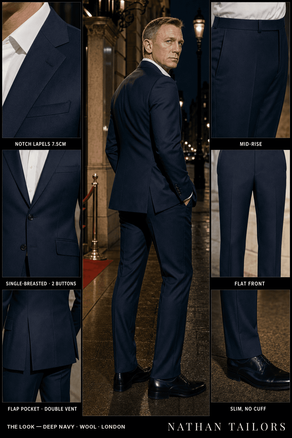deep navy single-breasted notch-lapel bespoke suit — AI-rendered by Nathan Tailors, the Hoi An custom tailor. Available as a custom tailored suit from $149.
