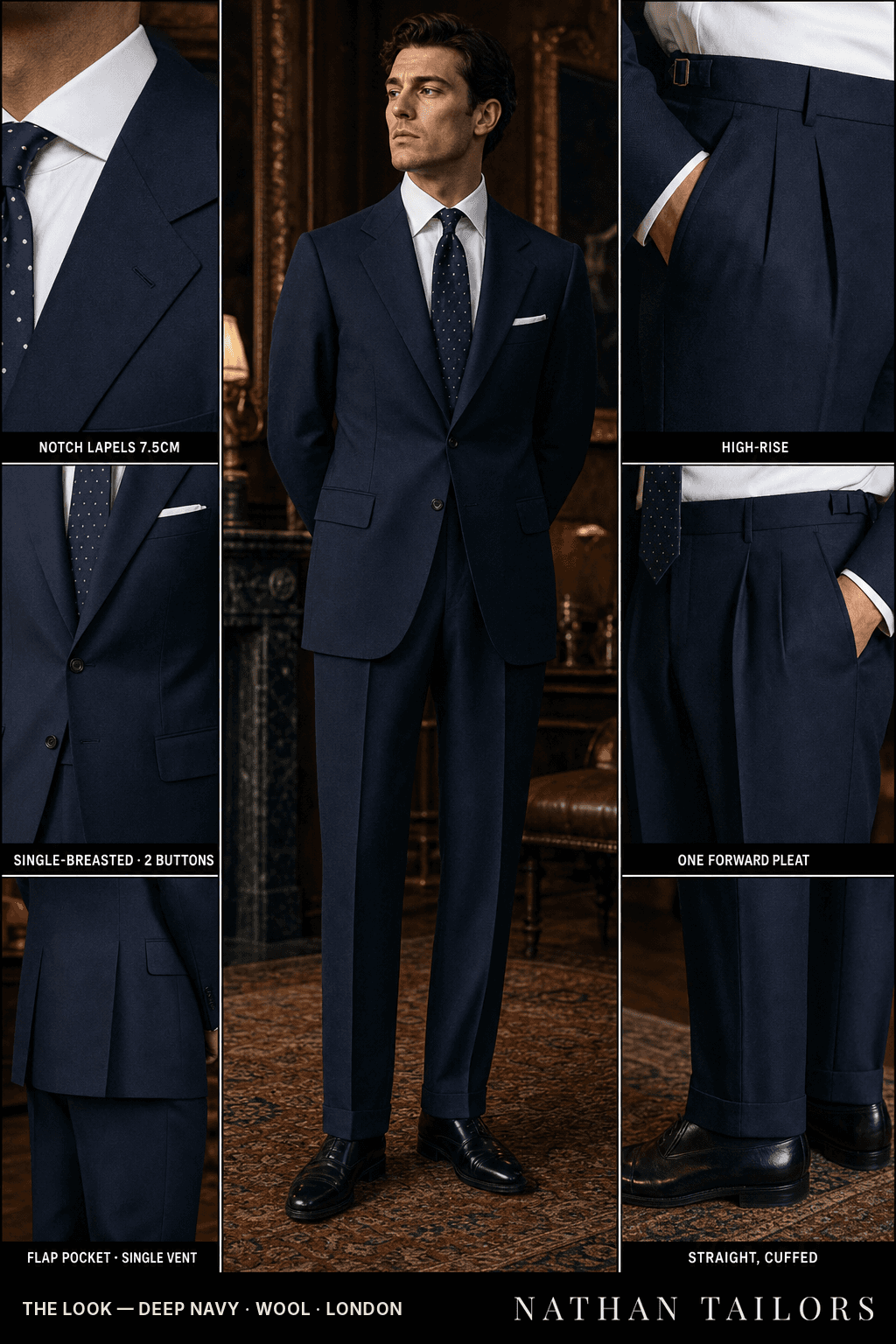 deep navy single-breasted bespoke suit — custom tailored by Nathan Tailors, the Hoi An custom tailor
