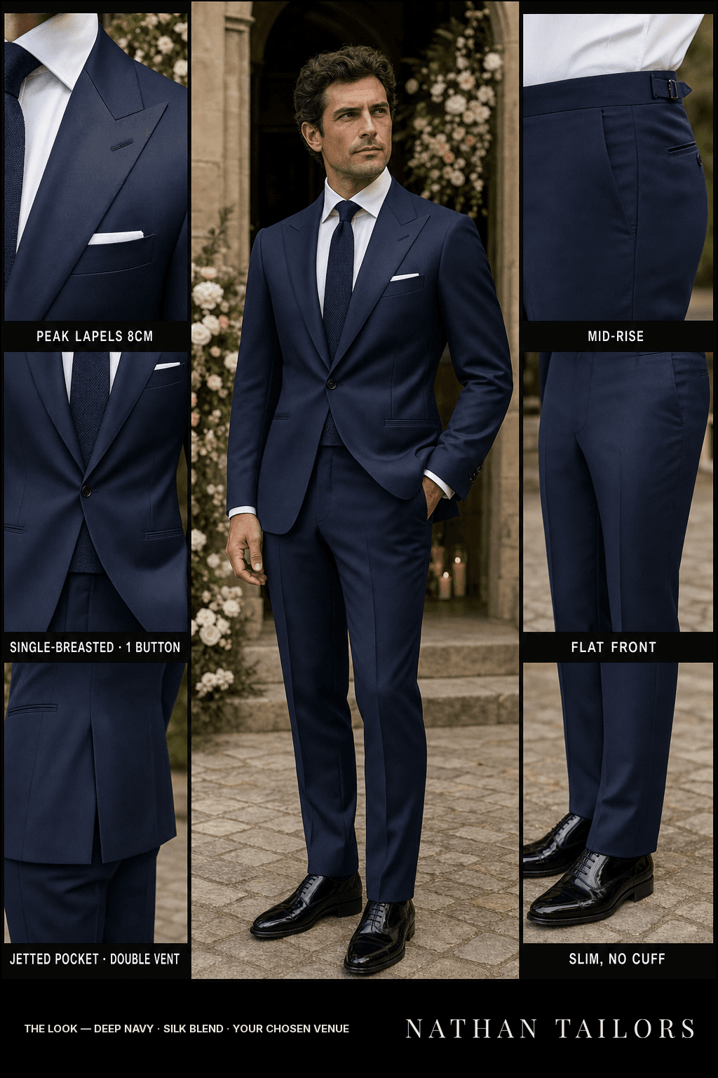 deep navy single-breasted bespoke suit — custom tailored by Nathan Tailors, the Hoi An custom tailor