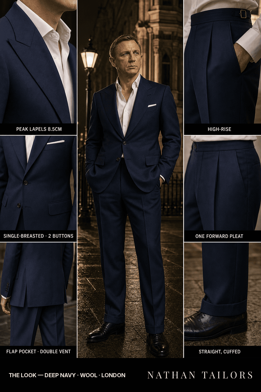 deep navy single-breasted bespoke suit — custom tailored by Nathan Tailors, the Hoi An custom tailor