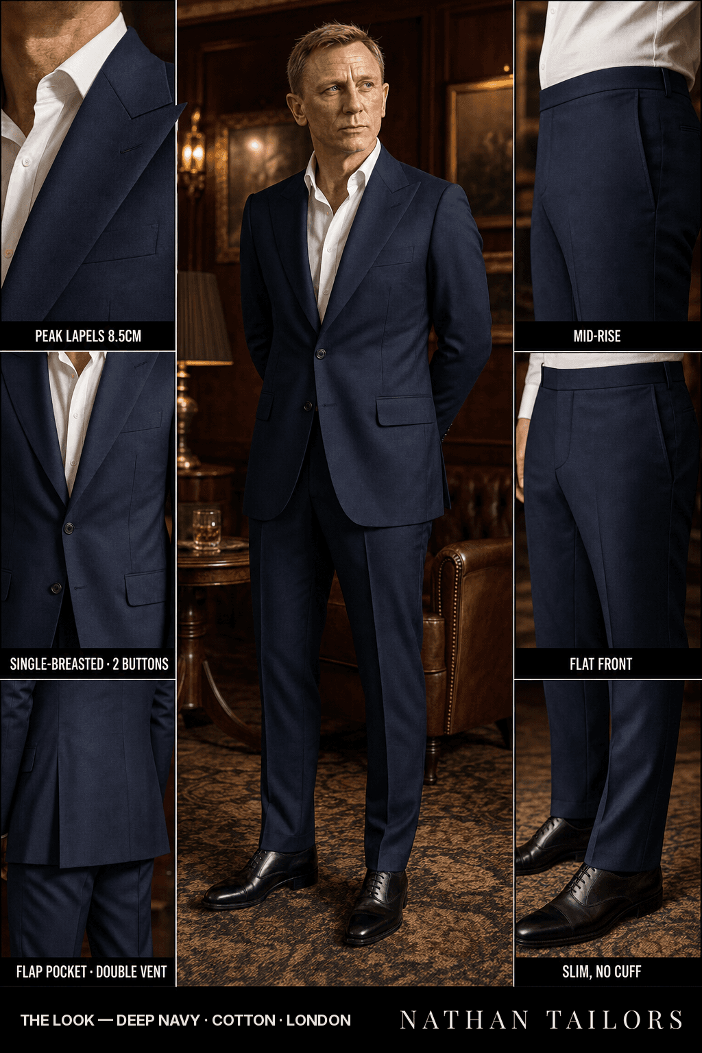 deep navy single-breasted peak-lapel bespoke suit — AI-rendered by Nathan Tailors, the Hoi An custom tailor. Available as a custom tailored suit from $149.