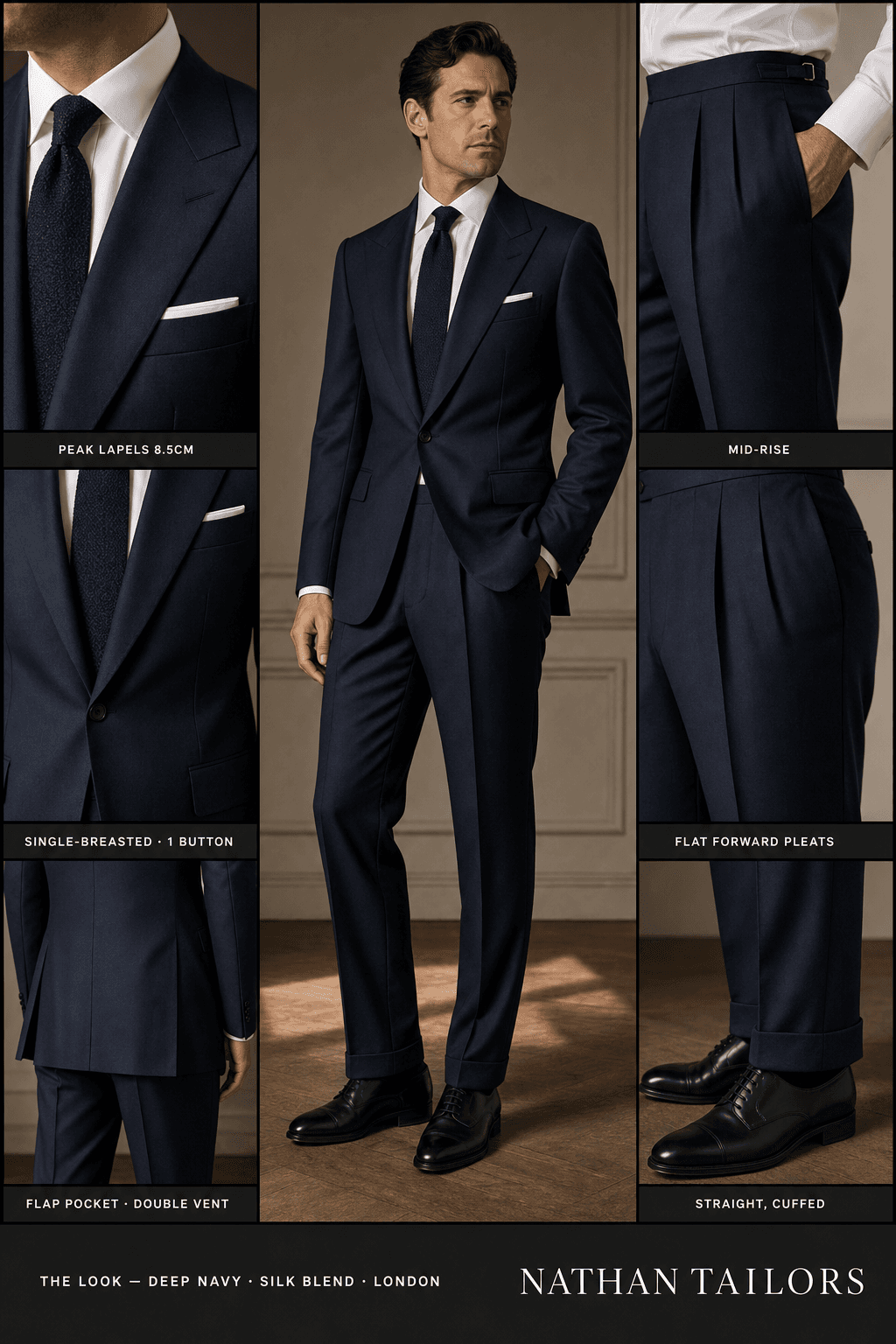 deep navy single-breasted bespoke suit — custom tailored by Nathan Tailors, the Hoi An custom tailor