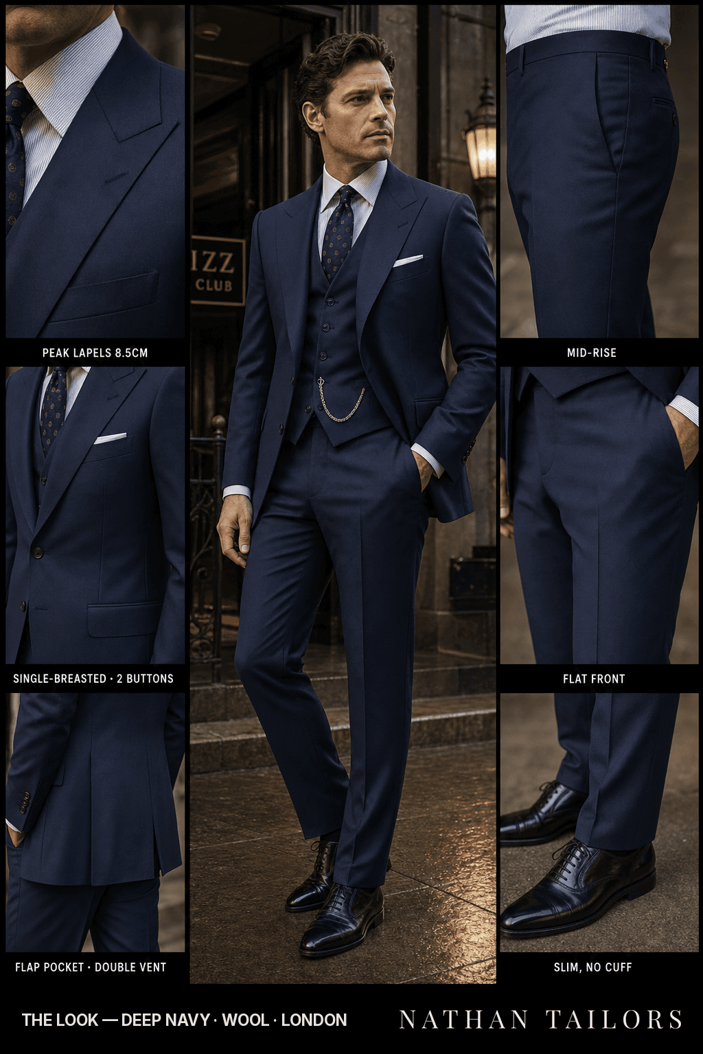 deep navy single-breasted bespoke suit — custom tailored by Nathan Tailors, the Hoi An custom tailor