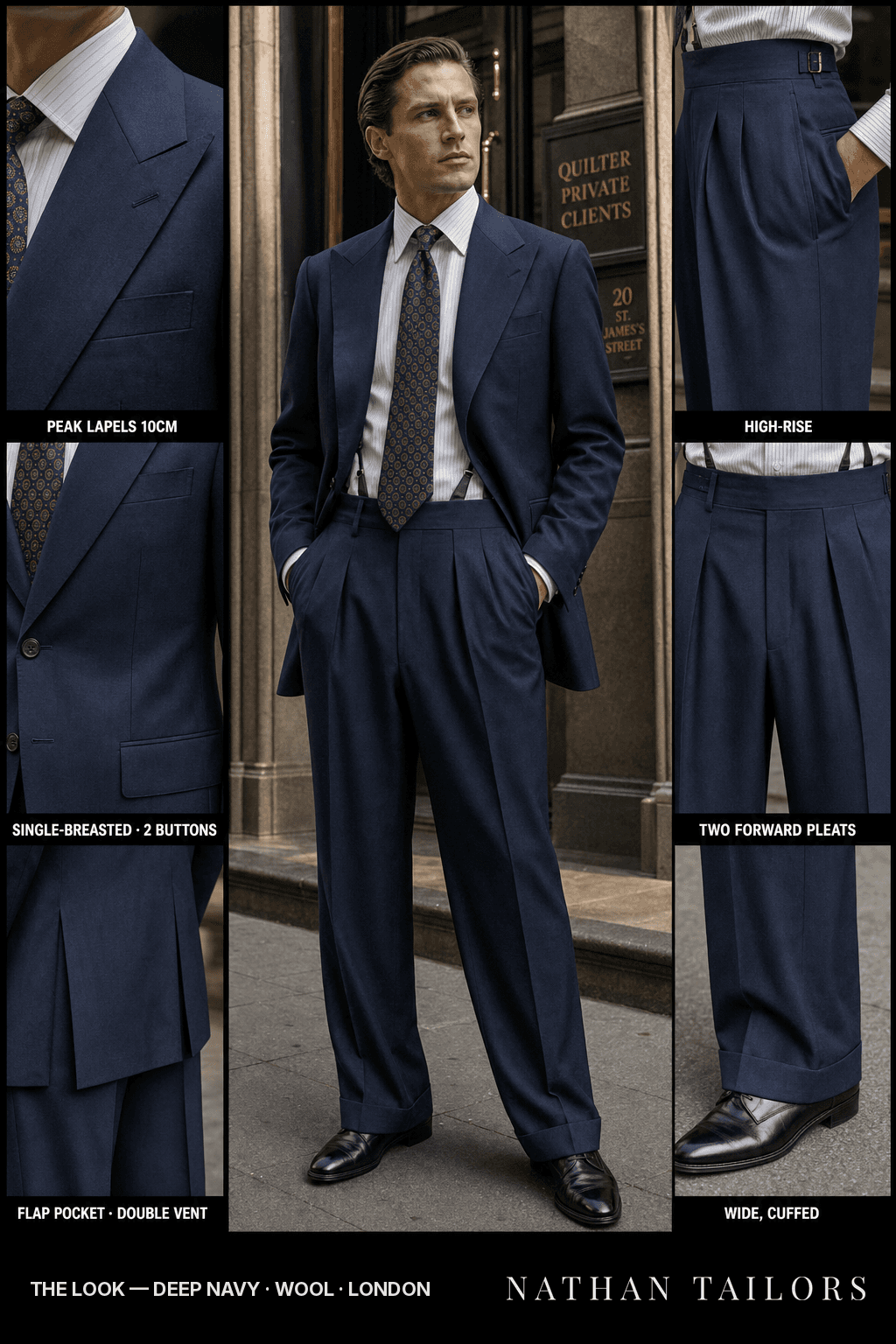 deep navy single-breasted bespoke suit — custom tailored by Nathan Tailors, the Hoi An custom tailor