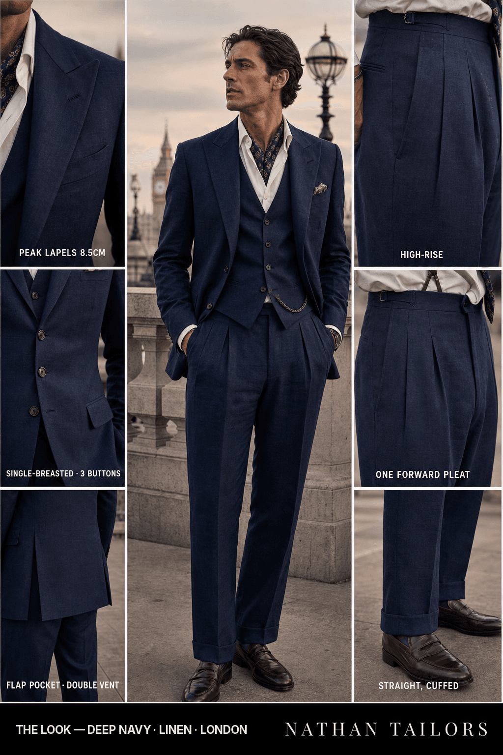 deep navy single-breasted peak-lapel bespoke suit — AI-rendered by Nathan Tailors, the Hoi An custom tailor. Available as a custom tailored suit from $149.
