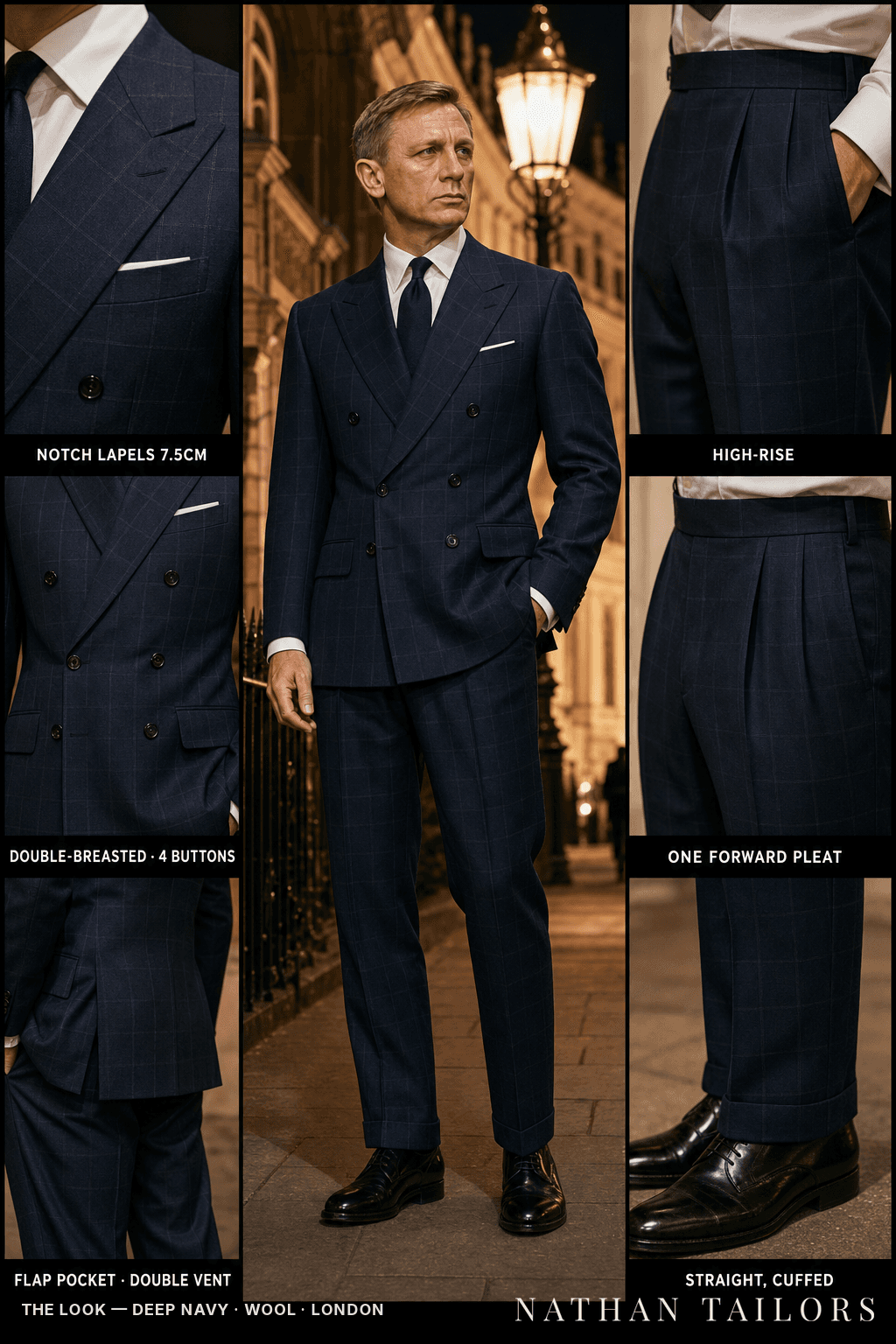 deep navy windowpane double-breasted notch-lapel bespoke suit — AI-rendered by Nathan Tailors, the Hoi An custom tailor. Available as a custom tailored suit from $149.